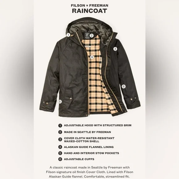 Filson X Freeman Seattle Raincoat in Dark Earth Cover Cloth Size Small